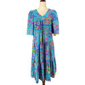 Vtg 80s 90s Two Potato Maximalist Artsy Midi‎ Tiered Muumuu Dress XS Cotton NOS